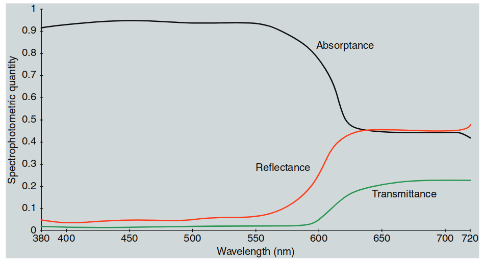 红色半透明物体的光谱吸收率、反射率和透射率